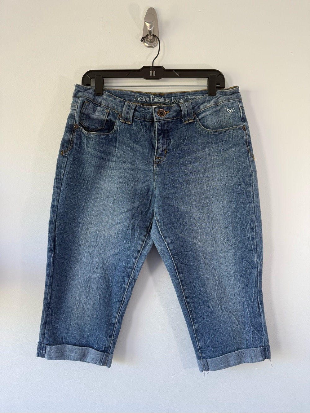 Justice Women’s Premium Blue Denim Capri Jeans Cuffed Stretch Cropped Pants